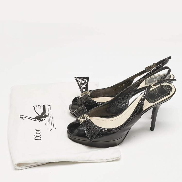 Pre Owned Dior Black Patent Leather Cannage Bow Detail 'Butterfly' Slingback Pumps Size 37