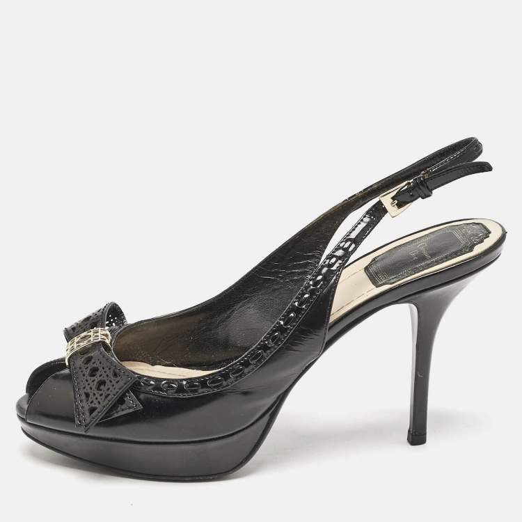 Pre Owned Dior Black Patent Leather Cannage Bow Detail 'Butterfly' Slingback Pumps Size 37