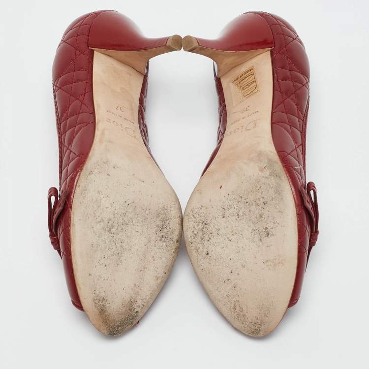 Pre Owned Dior Burgundy Cannage Leather Bow Peep Toe Pumps Size 37