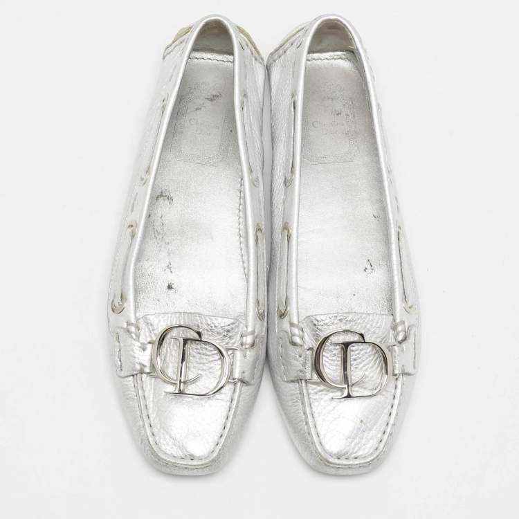 Pre Owned Dior Silver Leather CD Logo Loafers Size 37