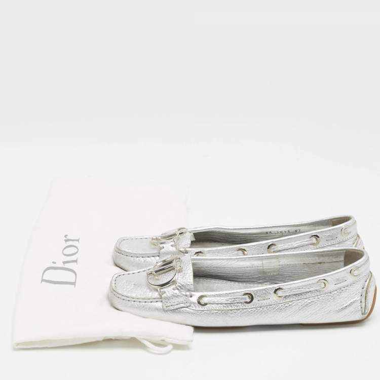 Pre Owned Dior Silver Leather CD Logo Loafers Size 37