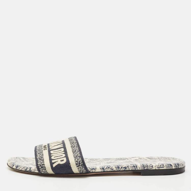 Pre Owned Dior Navy Blue Embroidered Canvas Dway Flat Slides Size 39