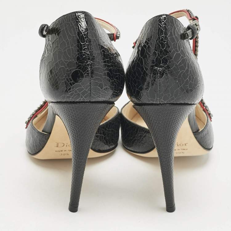 Pre Owned Dior Black Leather Crystal Embellished T Strap Pointed Toe Pumps Size 39.5