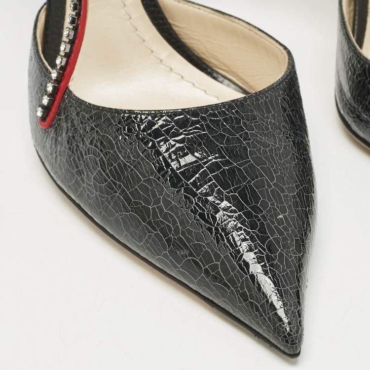 Pre Owned Dior Black Leather Crystal Embellished T Strap Pointed Toe Pumps Size 39.5