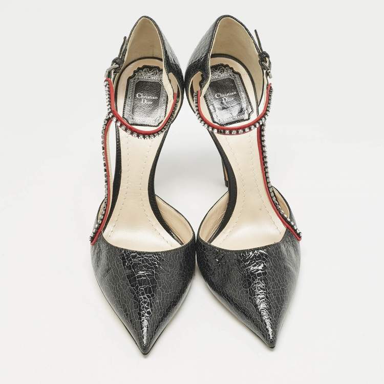 Pre Owned Dior Black Leather Crystal Embellished T Strap Pointed Toe Pumps Size 39.5