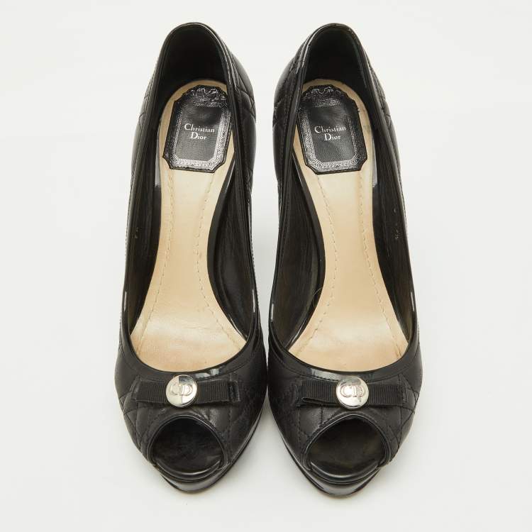 Pre Owned Dior Black Cannage Leather Bow Peep Toe Platform Pumps Size 37.5
