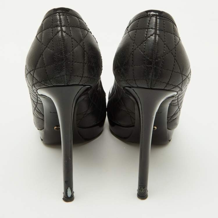 Pre Owned Dior Black Cannage Leather Bow Peep Toe Platform Pumps Size 37.5