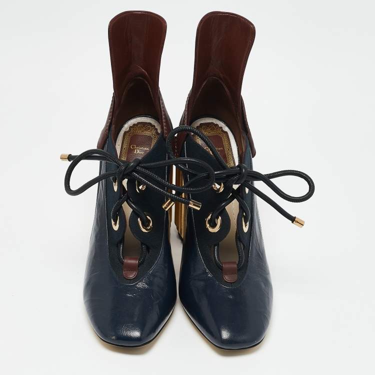 Pre Owned Dior Blue/Gold Canvas and Leather Glorious Ankle Length Boots Size 40.5