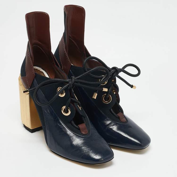 Pre Owned Dior Blue/Gold Canvas and Leather Glorious Ankle Length Boots Size 40.5