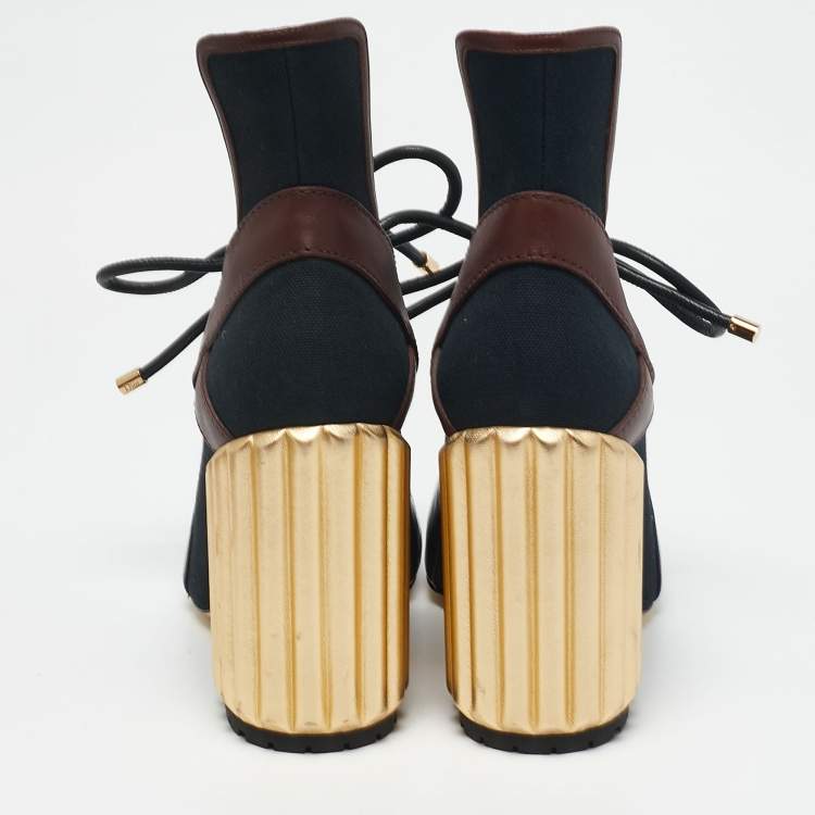 Pre Owned Dior Blue/Gold Canvas and Leather Glorious Ankle Length Boots Size 40.5