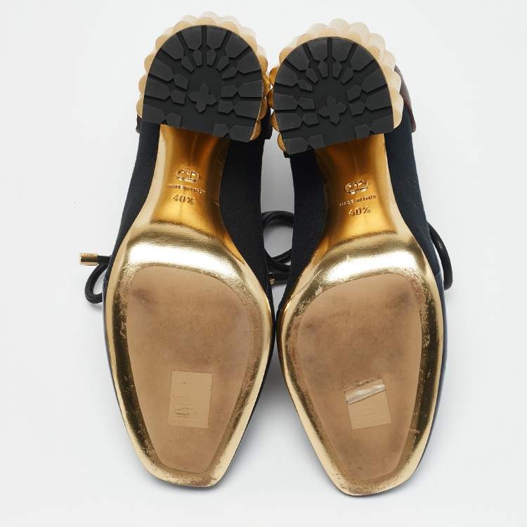 Pre Owned Dior Blue/Gold Canvas and Leather Glorious Ankle Length Boots Size 40.5