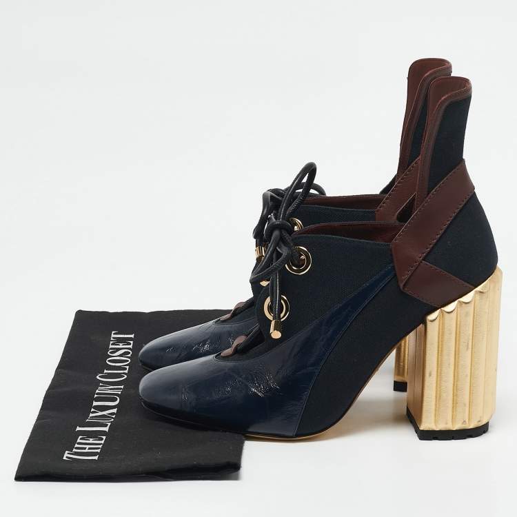 Pre Owned Dior Blue/Gold Canvas and Leather Glorious Ankle Length Boots Size 40.5