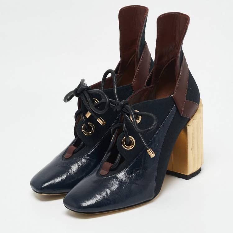 Pre Owned Dior Blue/Gold Canvas and Leather Glorious Ankle Length Boots Size 40.5