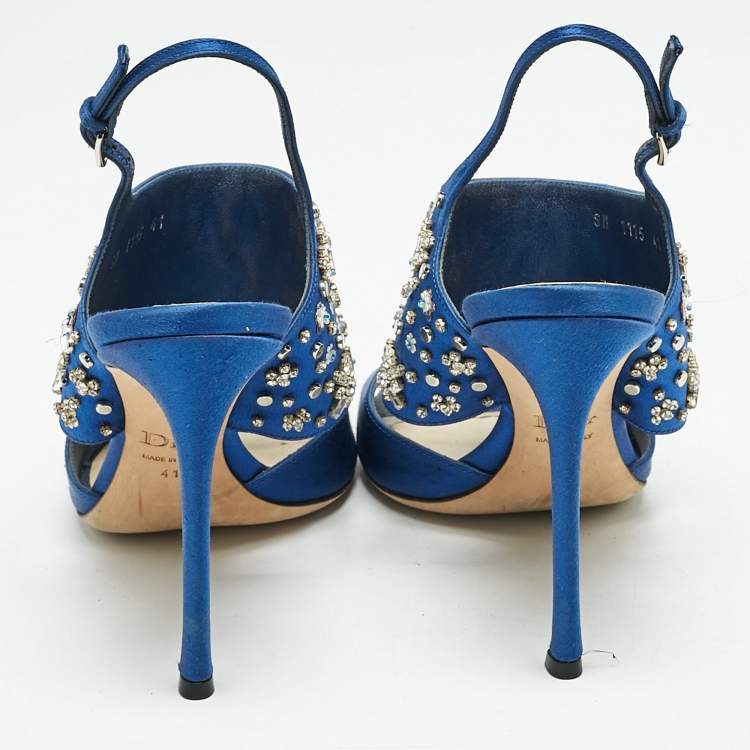 Pre Owned Dior Blue Satin Embellished Slingback Sandals Size 41