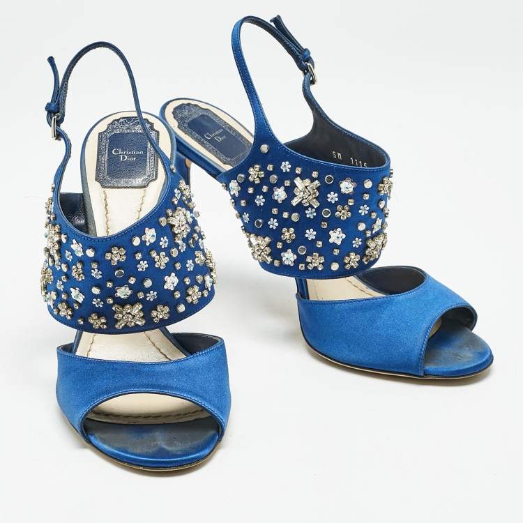 Pre Owned Dior Blue Satin Embellished Slingback Sandals Size 41