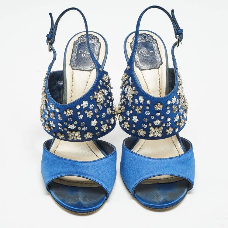 Pre Owned Dior Blue Satin Embellished Slingback Sandals Size 41