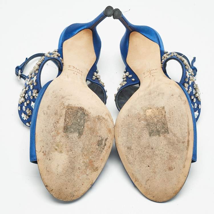 Pre Owned Dior Blue Satin Embellished Slingback Sandals Size 41