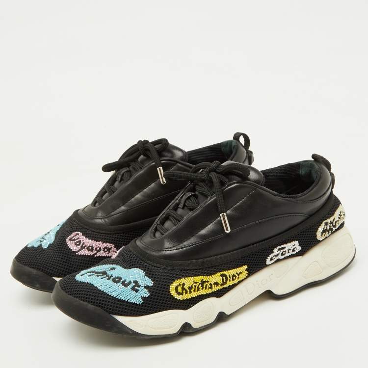 Pre Owned Dior Black Leather and Mesh Fusion Lace Up Sneakers Size 39.5
