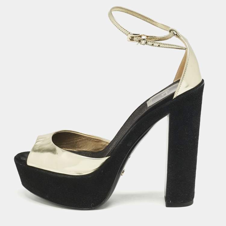 Pre Owned Dior Gold Leather and Suede Block Heel Ankle Strap Sandals Size 37.5