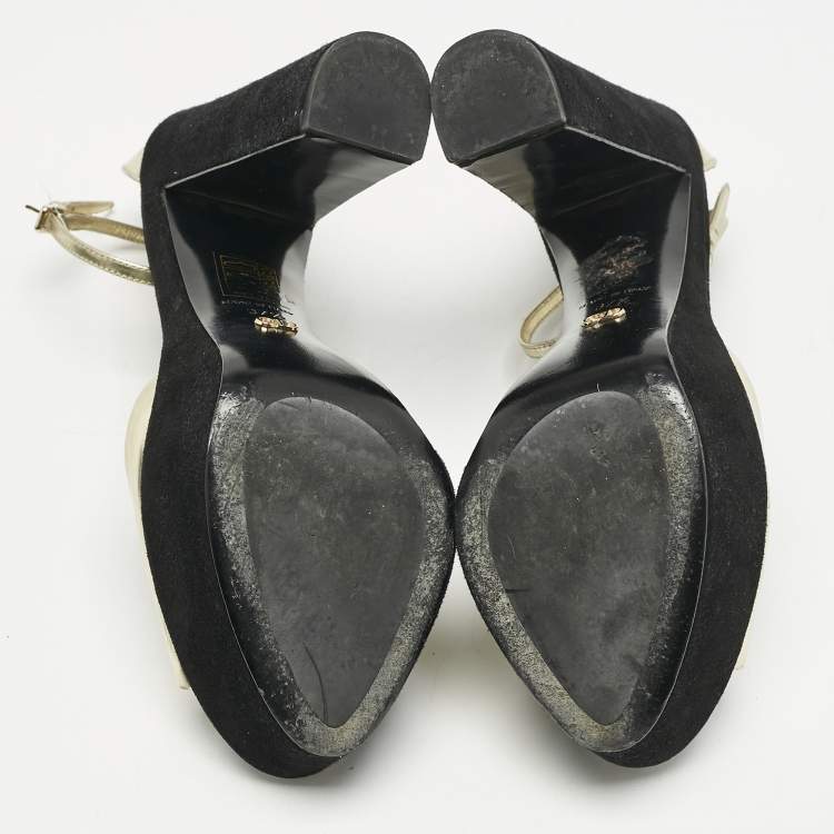 Pre Owned Dior Gold Leather and Suede Block Heel Ankle Strap Sandals Size 37.5