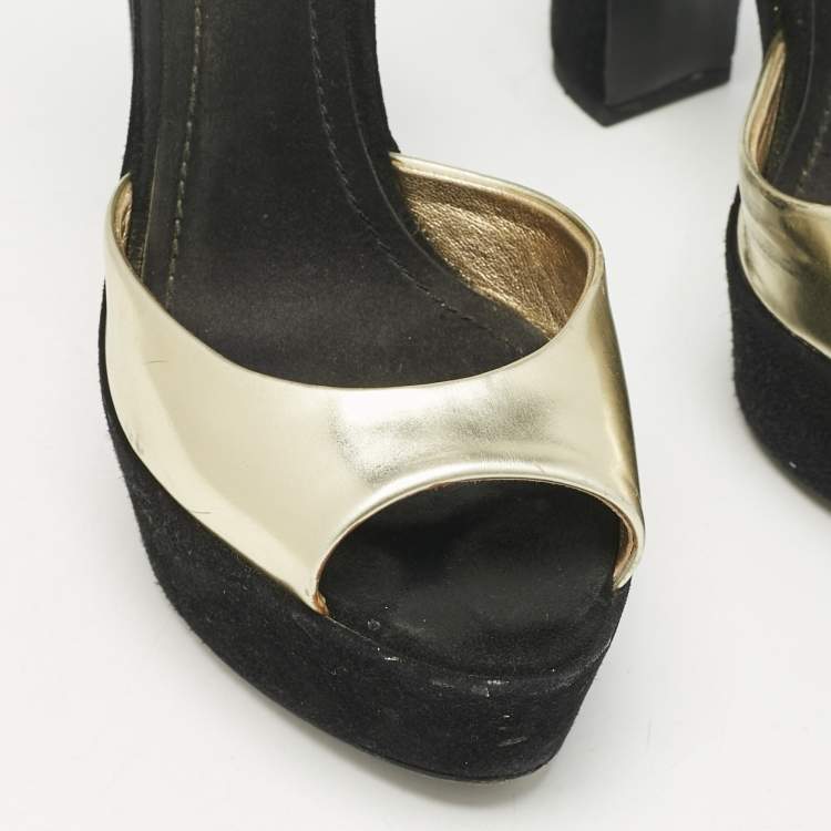 Pre Owned Dior Gold Leather and Suede Block Heel Ankle Strap Sandals Size 37.5
