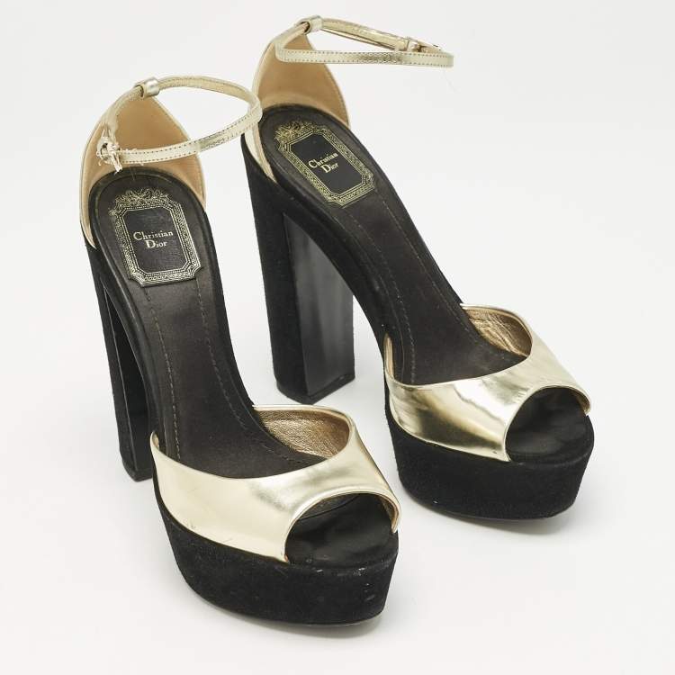 Pre Owned Dior Gold Leather and Suede Block Heel Ankle Strap Sandals Size 37.5