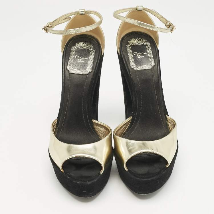 Pre Owned Dior Gold Leather and Suede Block Heel Ankle Strap Sandals Size 37.5