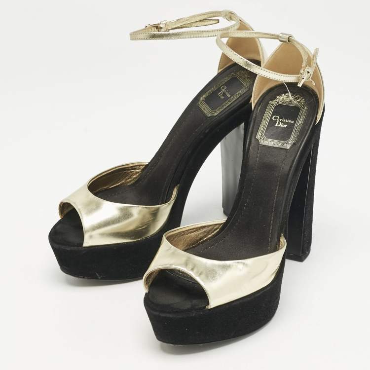 Pre Owned Dior Gold Leather and Suede Block Heel Ankle Strap Sandals Size 37.5