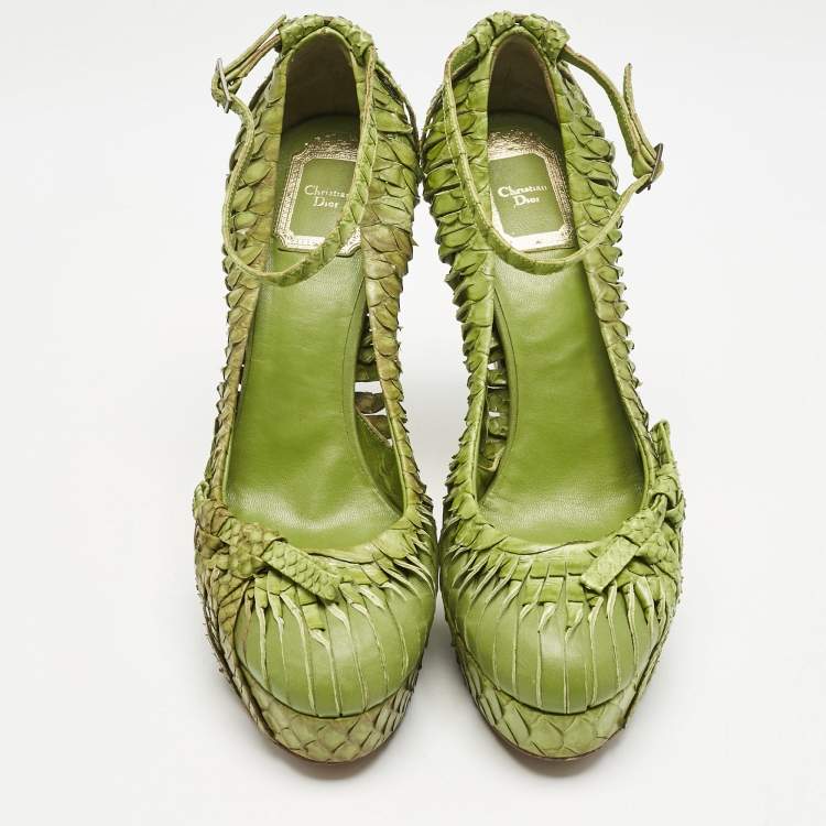 Pre Owned Dior Green Python Leather Knot Detail Ankle Strap Platform Pumps Size 38.5