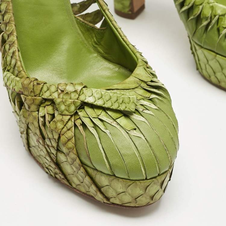 Pre Owned Dior Green Python Leather Knot Detail Ankle Strap Platform Pumps Size 38.5