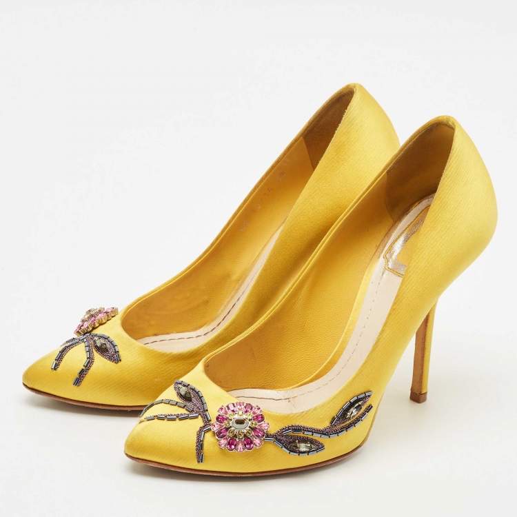 Pre Owned Dior Yellow Satin Embellished Pointed Toe Pumps Size 38