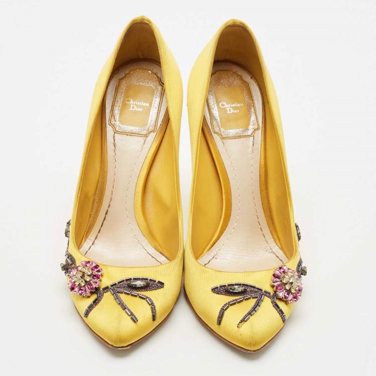 Pre Owned Dior Yellow Satin Embellished Pointed Toe Pumps Size 38