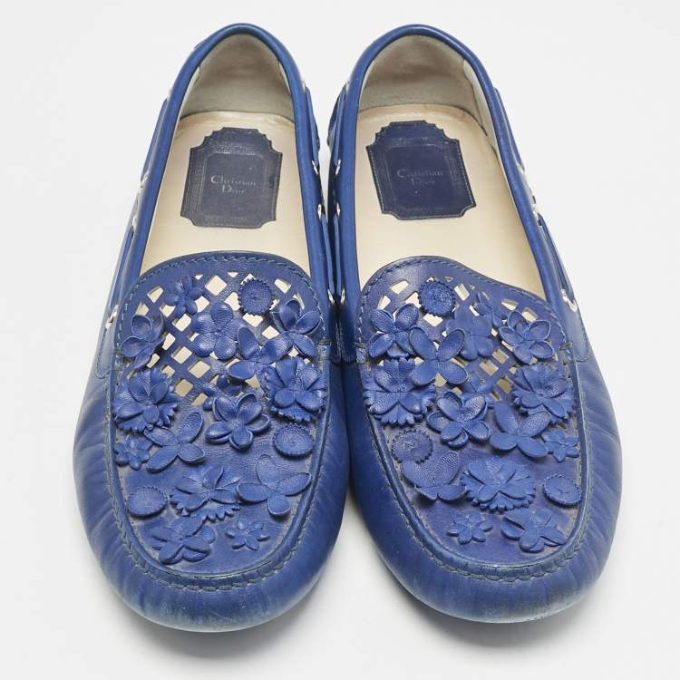 Pre Owned Dior Blue Laser Cut Floral Embellished Leather Flore Loafers Size 39.5