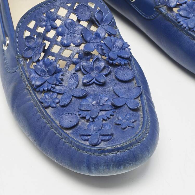 Pre Owned Dior Blue Laser Cut Floral Embellished Leather Flore Loafers Size 39.5