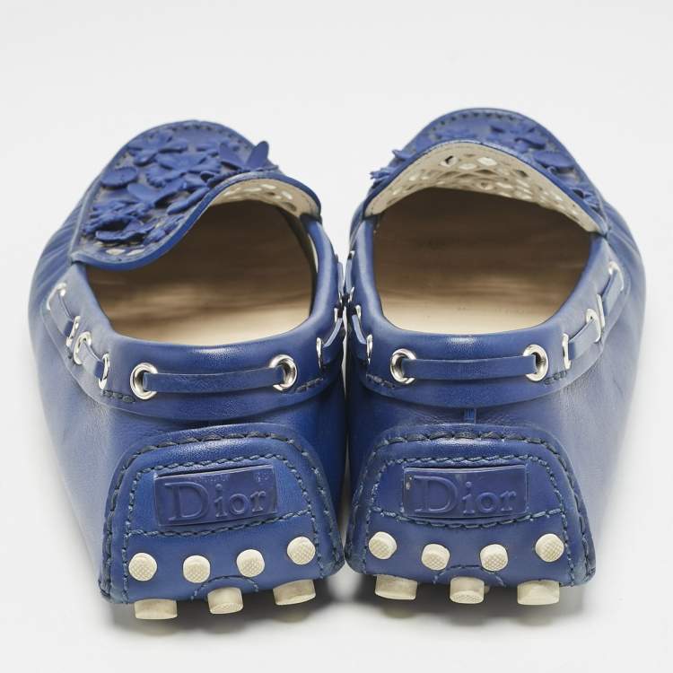 Pre Owned Dior Blue Laser Cut Floral Embellished Leather Flore Loafers Size 39.5