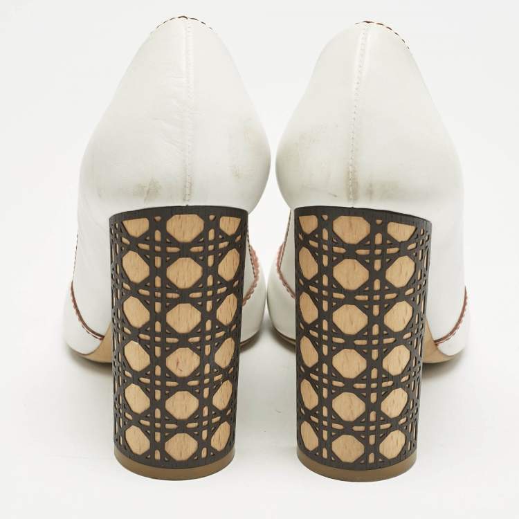 Pre Owned Dior White Leather Criss Cross Cannage Woodden Heel Open Toe Pumps Size 37.5