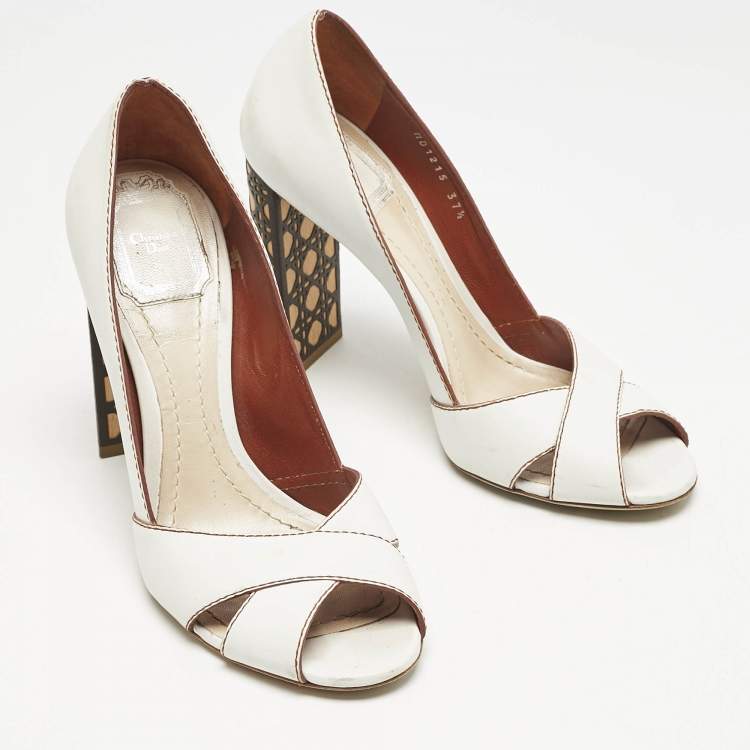 Pre Owned Dior White Leather Criss Cross Cannage Woodden Heel Open Toe Pumps Size 37.5