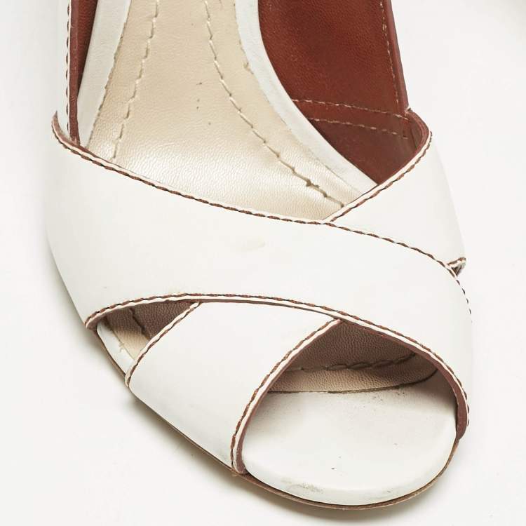 Pre Owned Dior White Leather Criss Cross Cannage Woodden Heel Open Toe Pumps Size 37.5