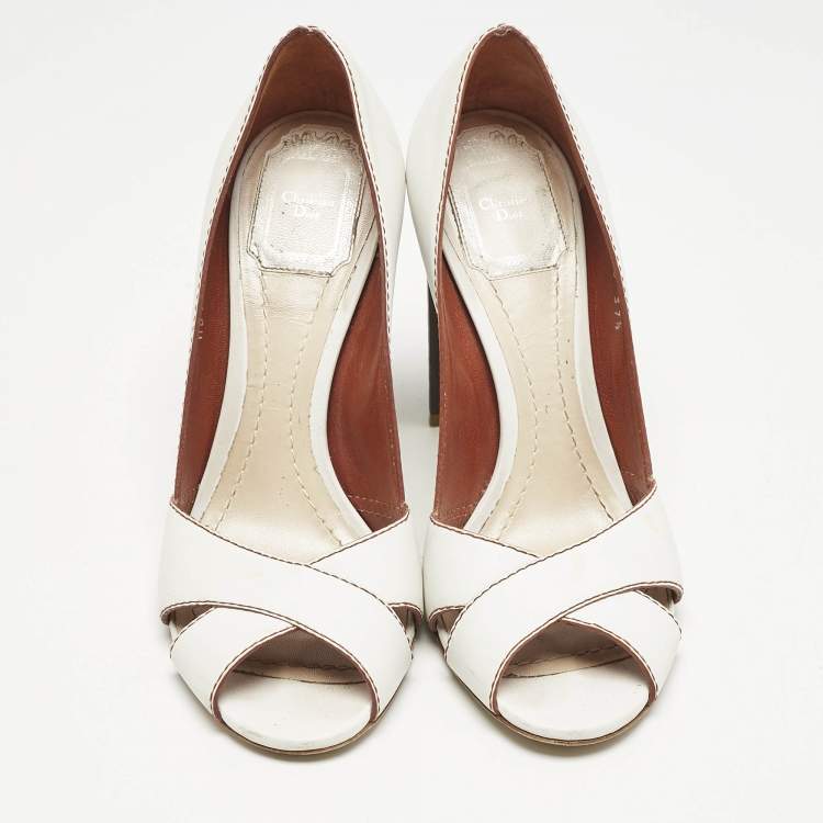 Pre Owned Dior White Leather Criss Cross Cannage Woodden Heel Open Toe Pumps Size 37.5
