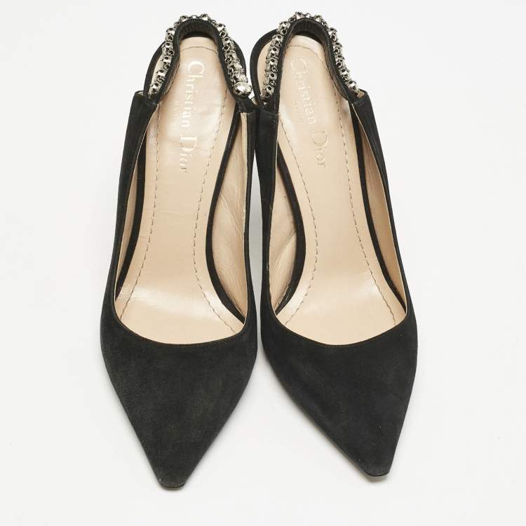 Pre Owned Dior Black Suede Pointed Toe Crystal Embellished Slingback Pumps Size 38