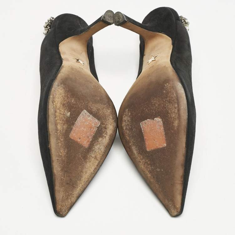 Pre Owned Dior Black Suede Pointed Toe Crystal Embellished Slingback Pumps Size 38