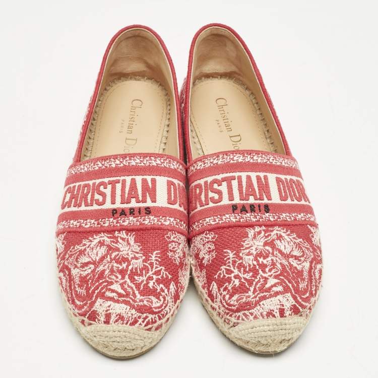 Pre Owned Dior Red/Off White Embroidered Canvas Granville Espadrille Flats Size 38