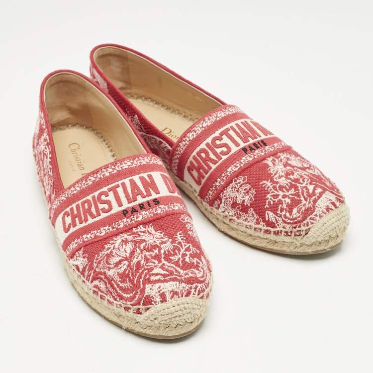 Pre Owned Dior Red/Off White Embroidered Canvas Granville Espadrille Flats Size 38