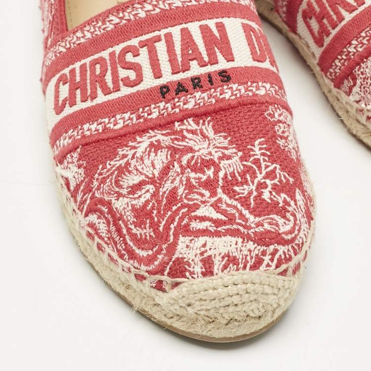 Pre Owned Dior Red/Off White Embroidered Canvas Granville Espadrille Flats Size 38