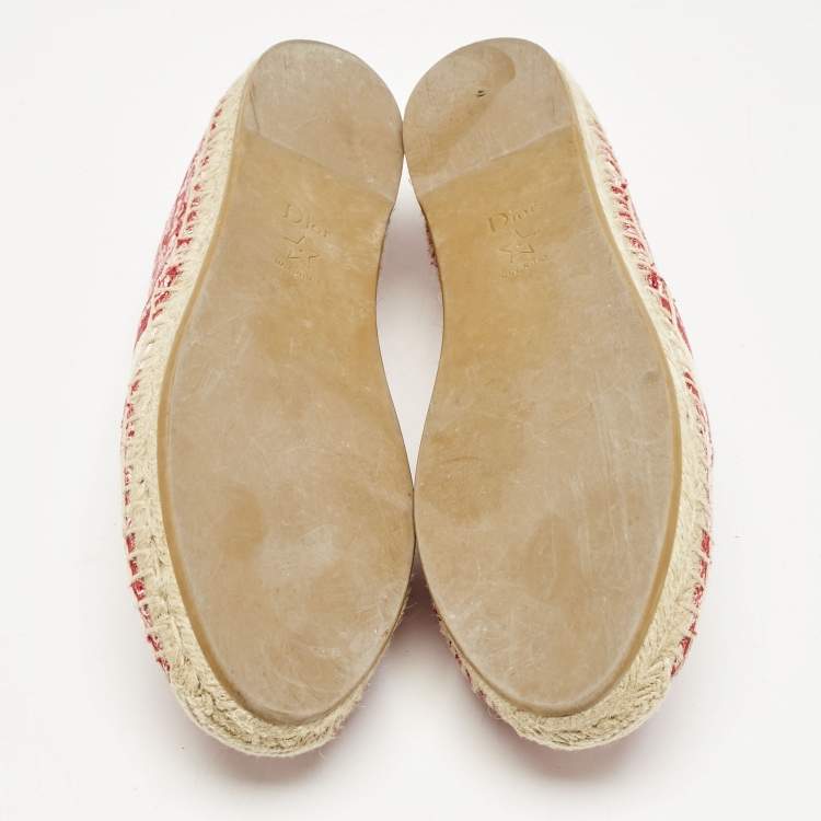 Pre Owned Dior Red/Off White Embroidered Canvas Granville Espadrille Flats Size 38