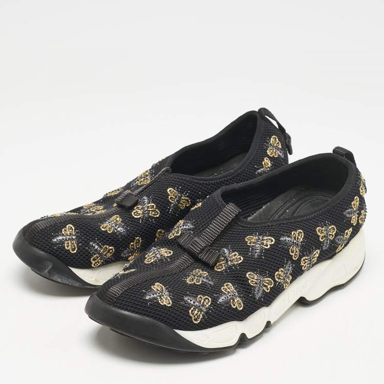 Pre Owned Dior Black Mesh Fusion Bee Embellished Slip On Sneakers Size 37.5