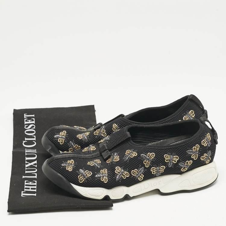 Pre Owned Dior Black Mesh Fusion Bee Embellished Slip On Sneakers Size 37.5