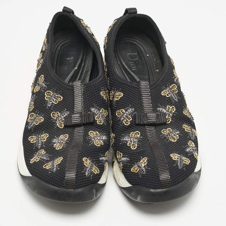 Pre Owned Dior Black Mesh Fusion Bee Embellished Slip On Sneakers Size 37.5