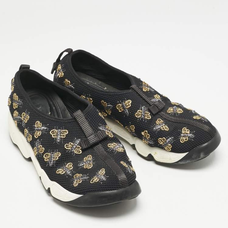 Pre Owned Dior Black Mesh Fusion Bee Embellished Slip On Sneakers Size 37.5