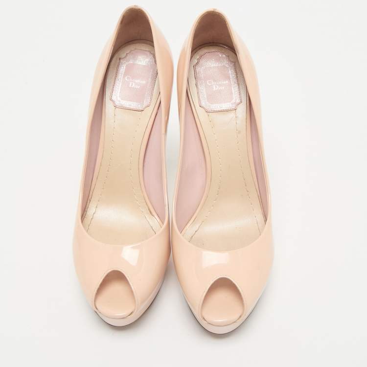 Pre Owned Dior Light Pink Patent Leather Metal Cannage Peep Toe Platform Pumps Size 38.5